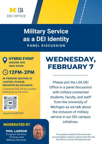 Military Service as a DEI identity, Panel Discussion Event Flyer with photo of Phil Larson who is moderating the event