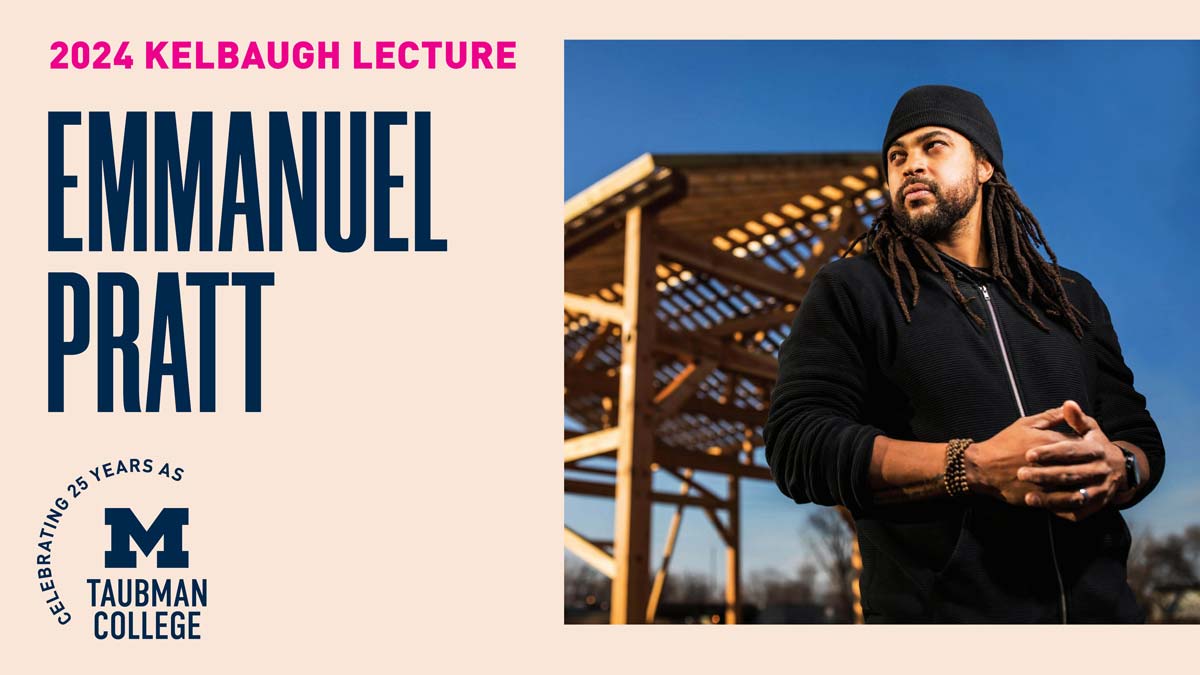 "2024 Kelbaugh Lecture: Emmanuel Pratt" event flyer with photo of Emmanuel Pratt