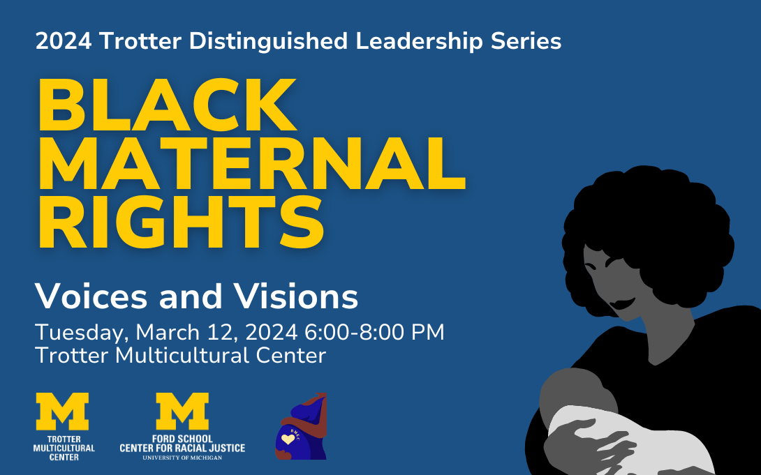 black maternal rights event flyer with illustration of lady holding a baby