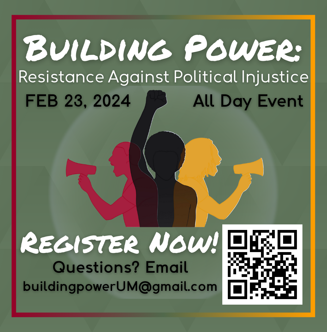 Green background, black figure with fist in the air, red figure speaking in a megaphone, and yellow figure speaking in a megaphone, which makes up logo of the conference. Text details event included in bottom by a QR code