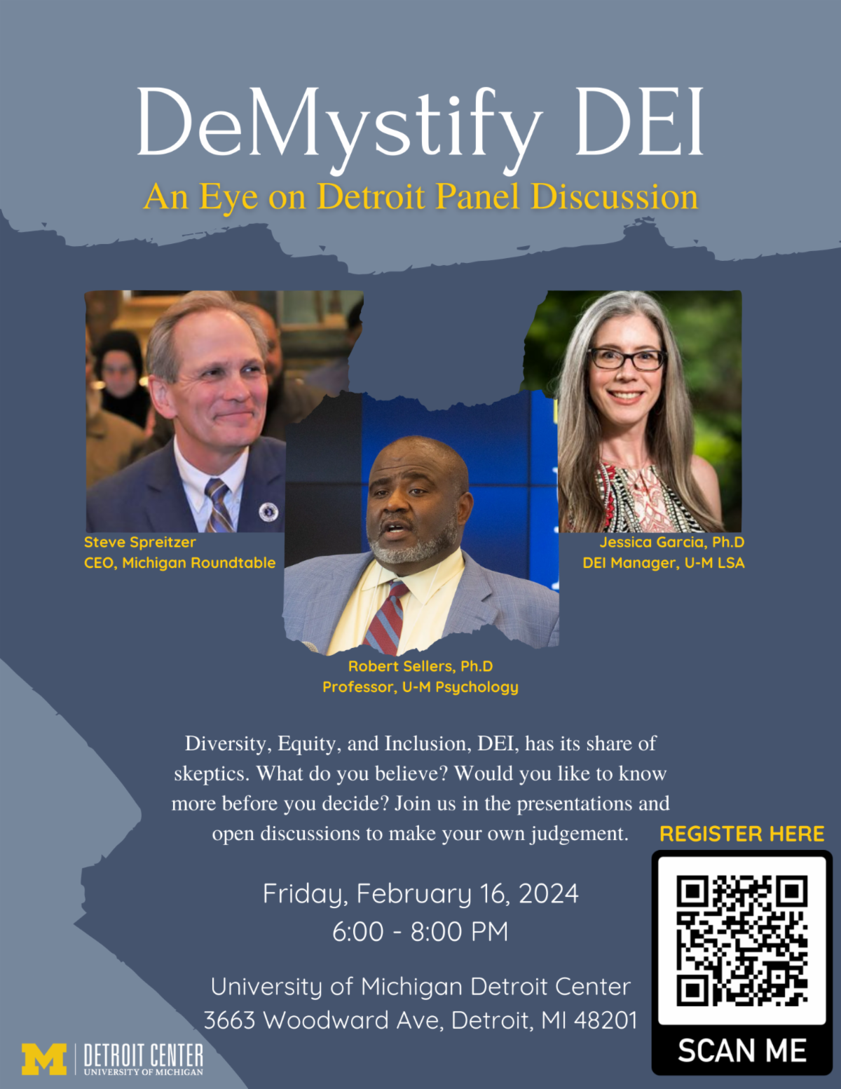 DeMystify DEI event flyer featuring photos of panel speakers Steve Spreitzer, Robert Sellers, and Jessica Garcia