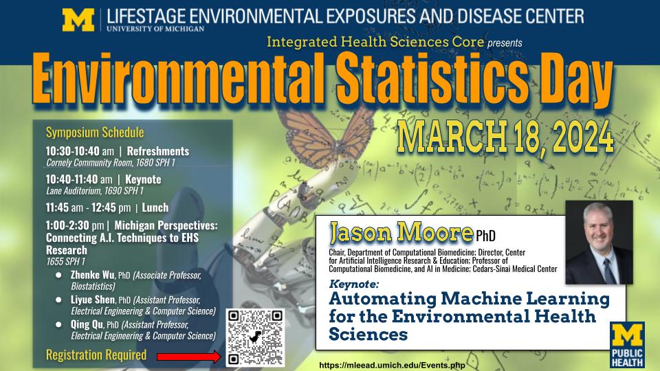 environmental statistics day event flyer with symposium schedule and photo of Jason Moore