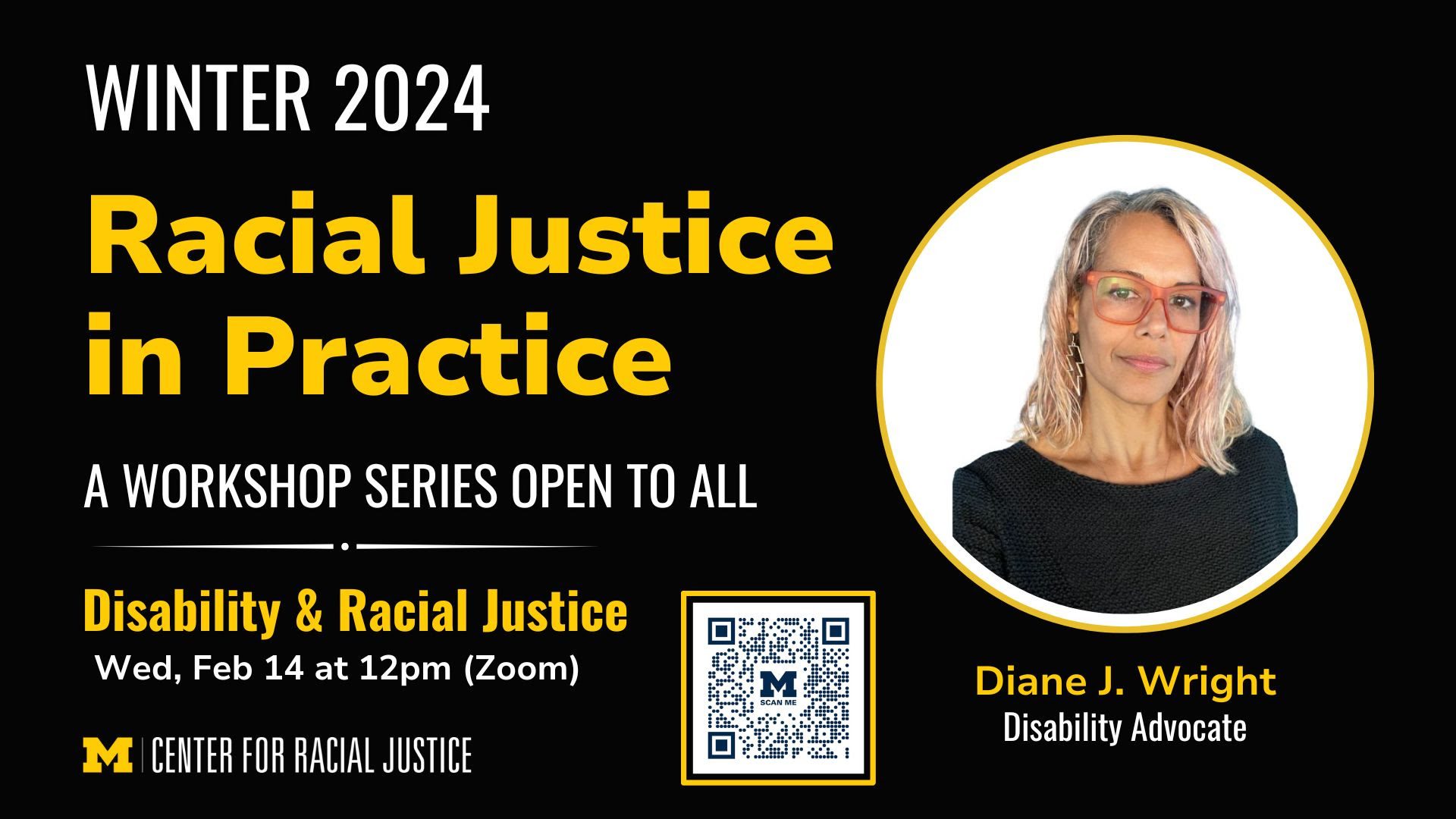 Racial Justice in Practice event flyer with photo of disability advocate Diane J. Wright