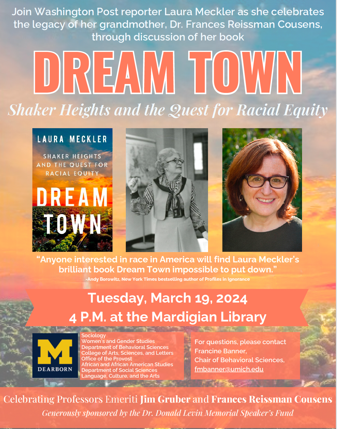 Dream Town Event Flyer; Photo of Laura Meckler and image of her book "Dream Town"