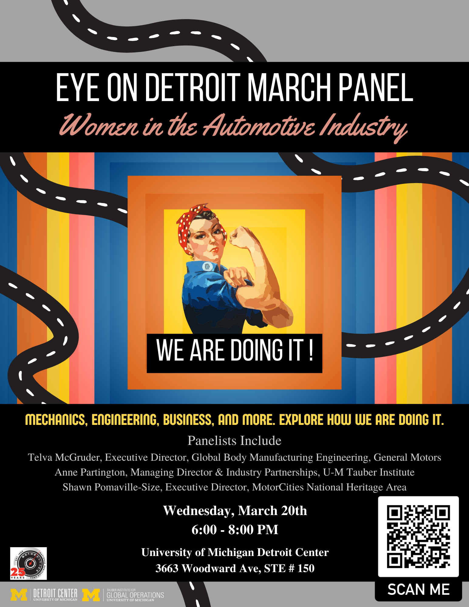 Photo of Rosie the Riveter illustration; panelist and event information
