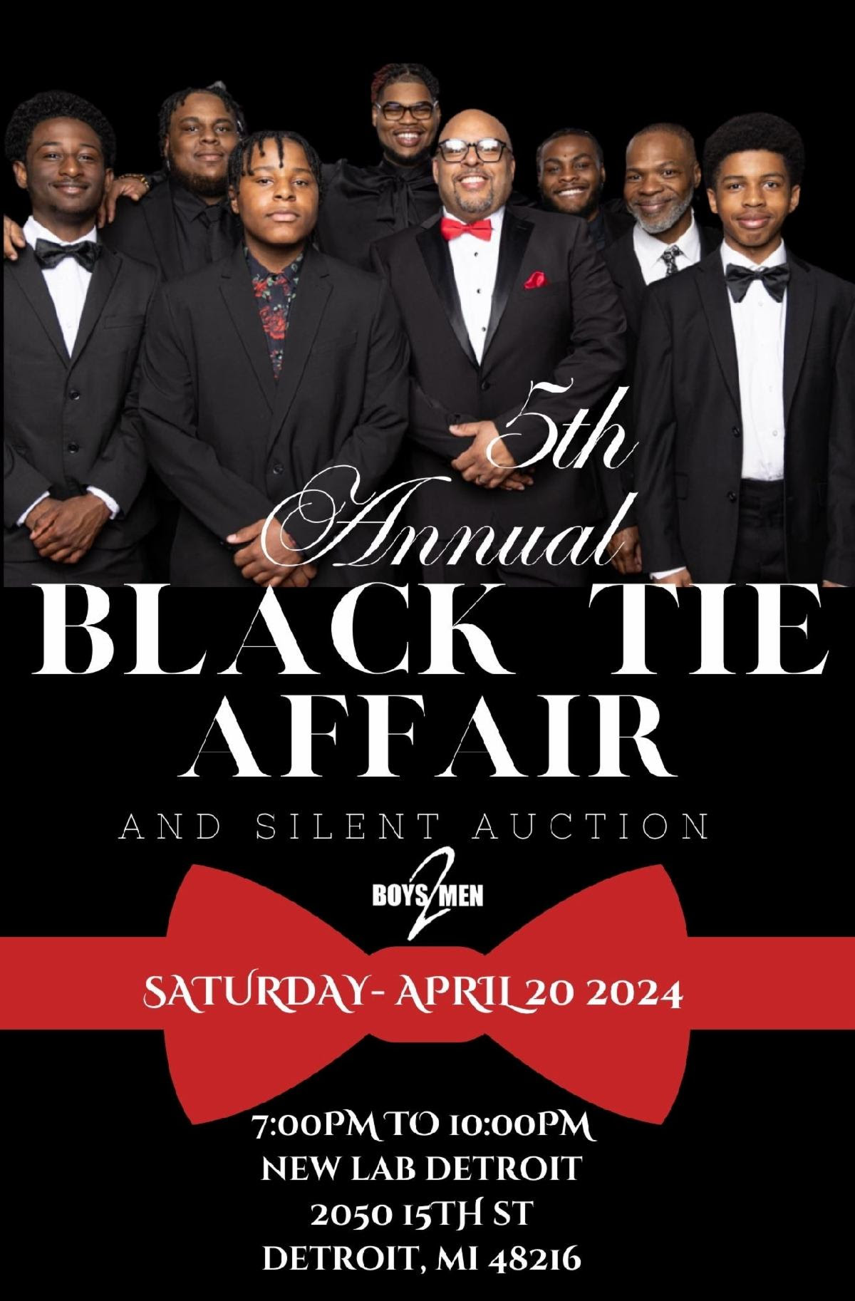 5th Annual Black Tie Affair Event Flyer with background of men in tuxedos
