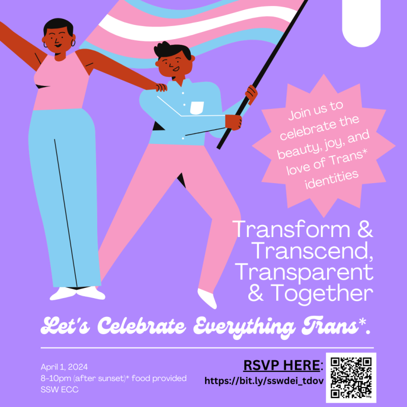 Trans Day of Visibility Flyer with two human illustrated figures holding a flag that represents the transgender community