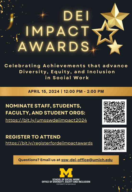 DEI Impact Awards Flyer with black background, gold stars, and gold confetti