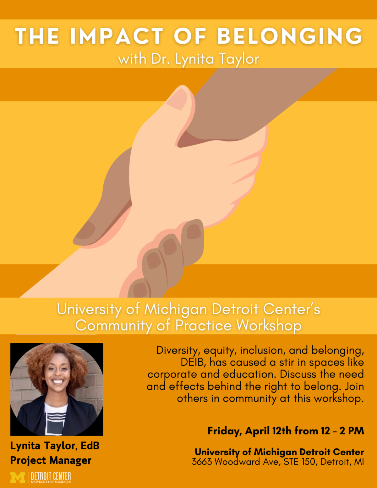 Impact of Belonging event flyer with illustration of two hands holding onto one another and an image of Lynita Taylor
