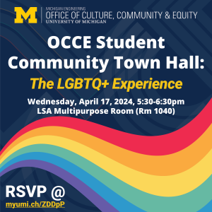 OCCE Student Community Town Hall: The LGBTQ+ Experience event flyer with rainbow illustration