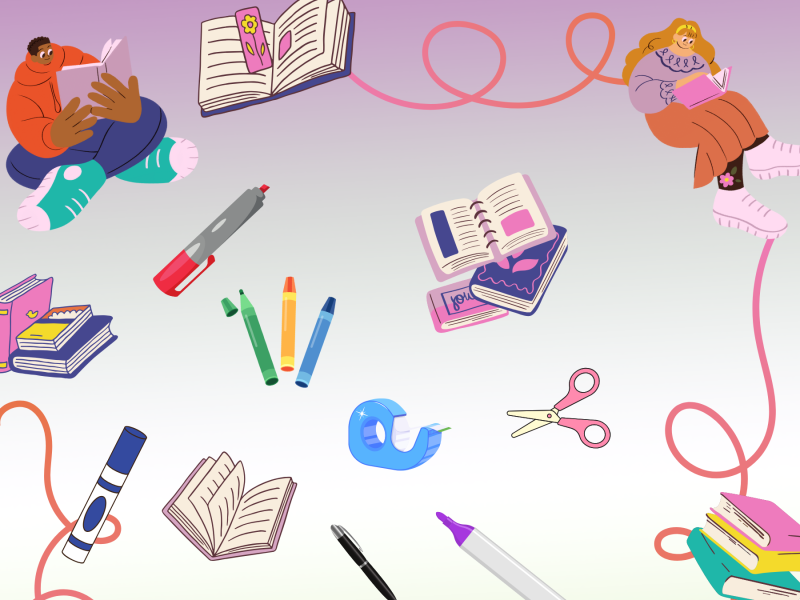 Image with illustrations of people, books, scissors, crayons, notebooks, markers, and pens