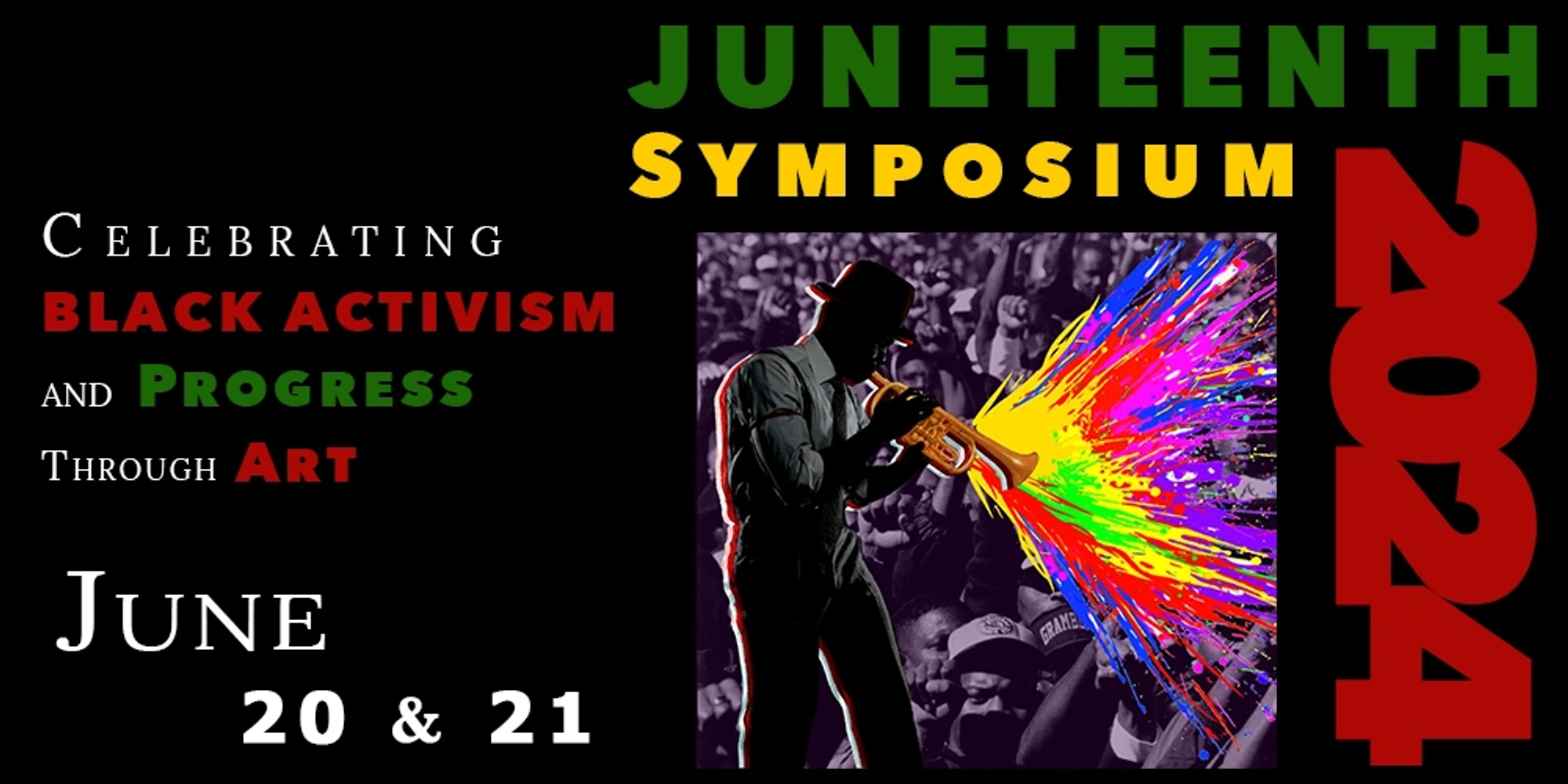 silhouette of man playing trumpet with a splash of color coming out of it; background image of diverse group of people with their fists in the air