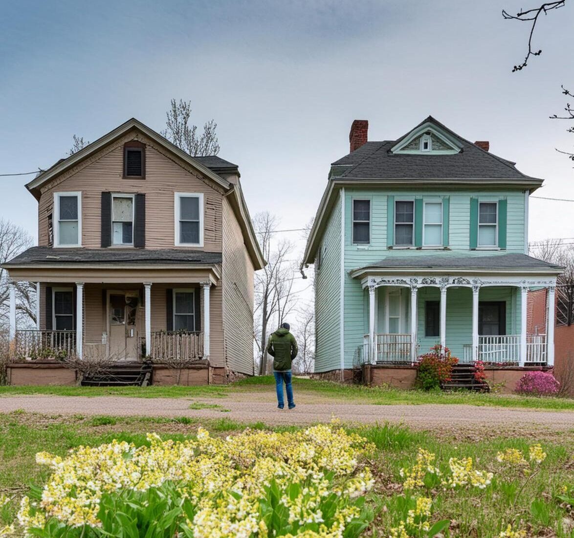 brown and blue house standing side-by-side with man in between them