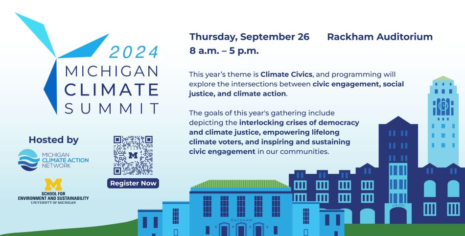 "2024 Michigan Climate Summit" event flyer with illustrations of University of Michigan buildings