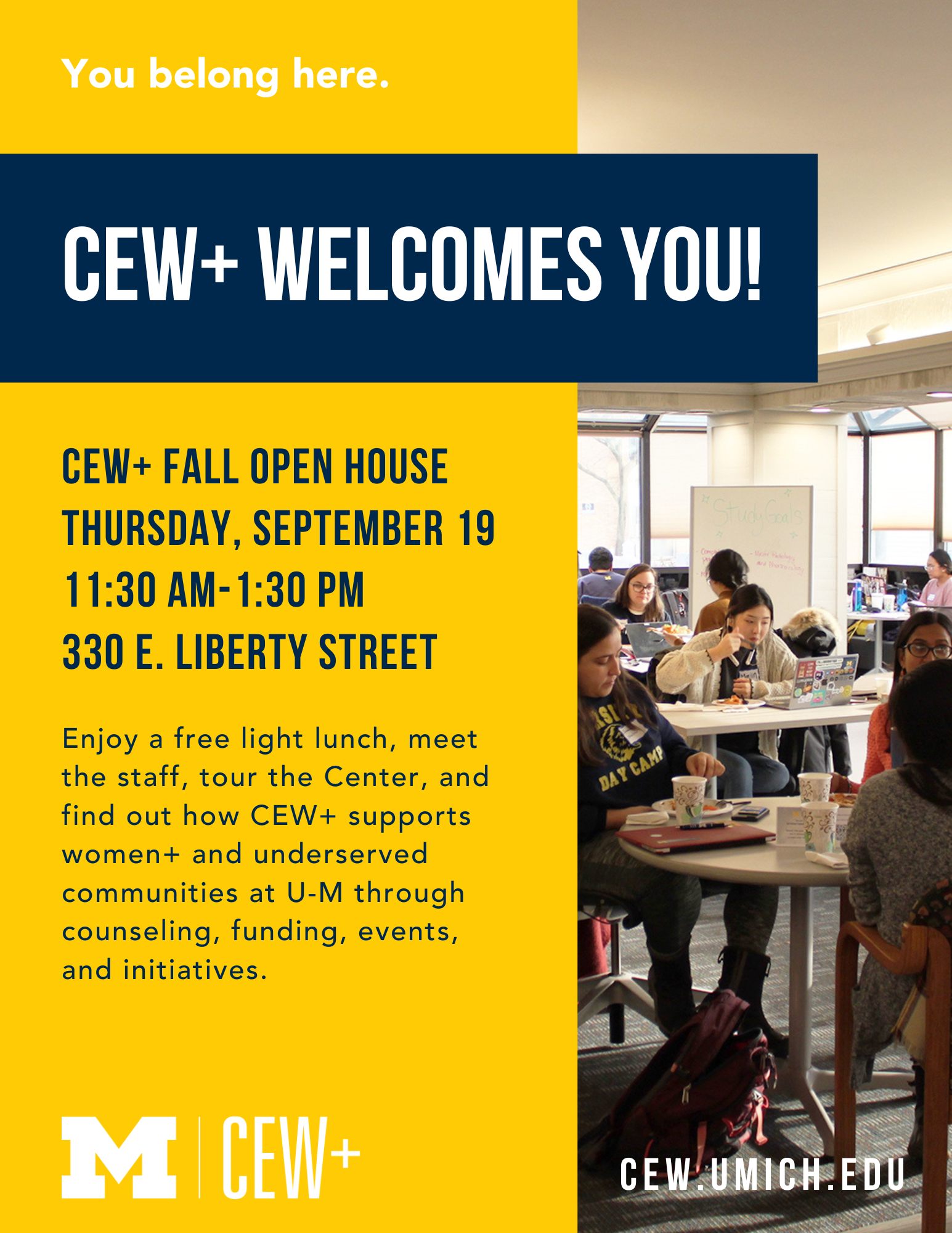 CEW+ Fall Open House event flyer with event information and image of students eating and working at tables