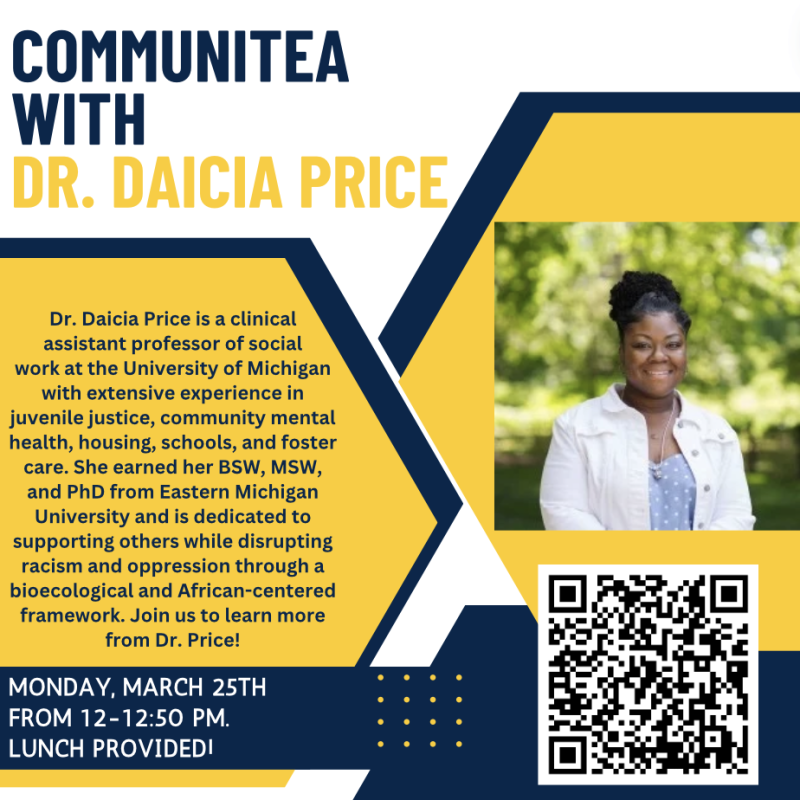 Communitea with Dr Daicia Price event flyer with image of Dr. Daicia Price