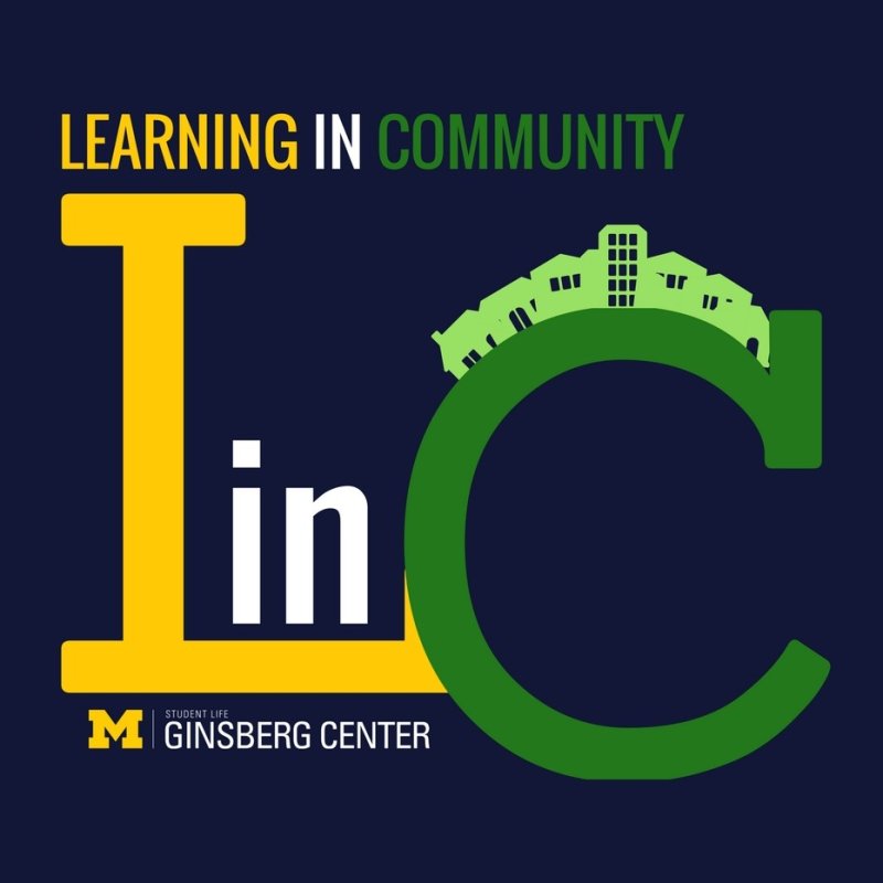 "Learning in Community" graphic (Illustration of buildings on top of "C" in "L in C")