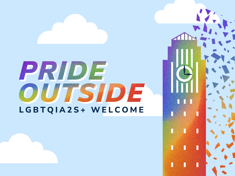 "Pride Outside" event flyer with illustration of rainbow colored bell tower 