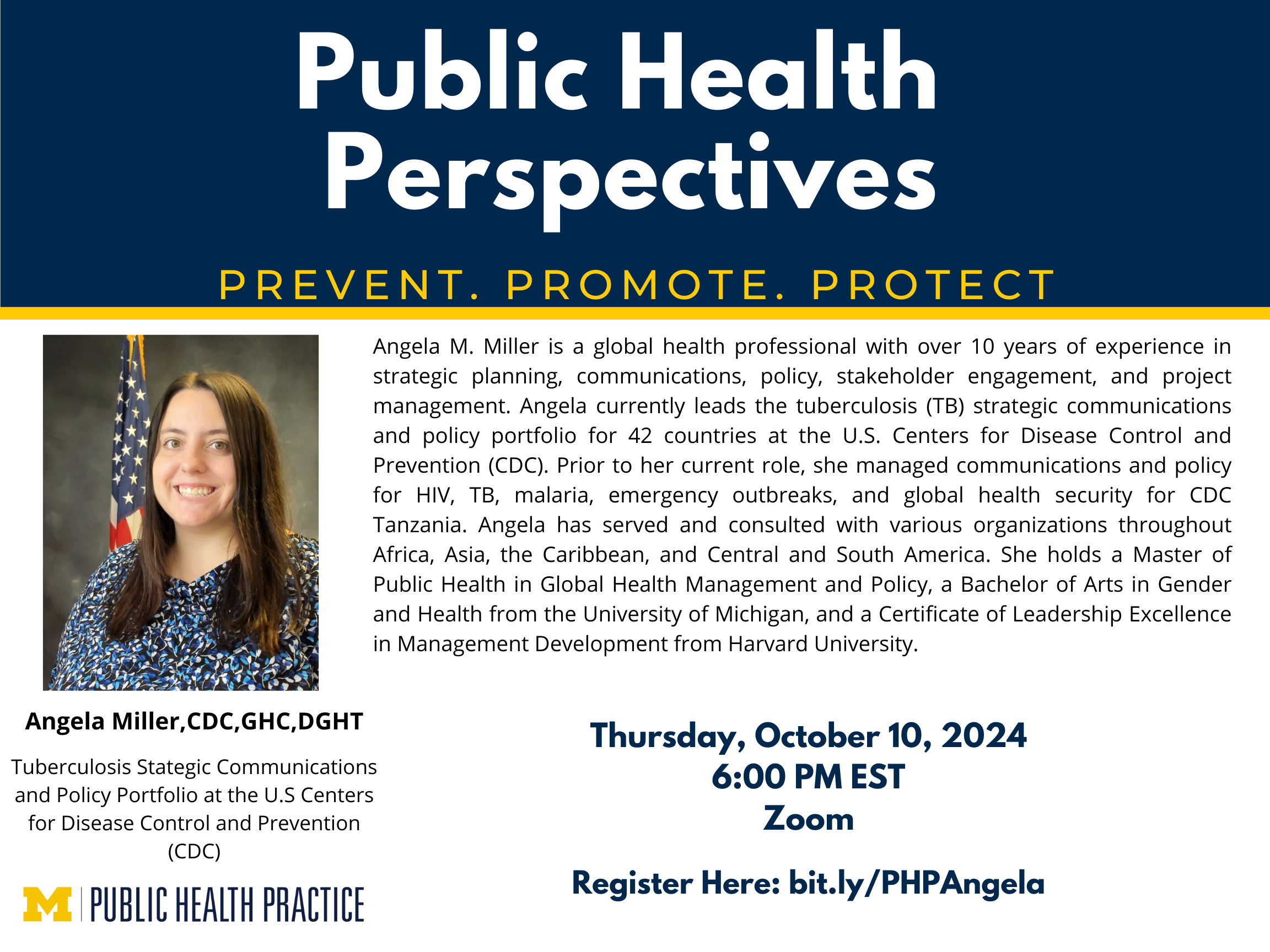 Public Health Perspectives event flyer with event information and photo of Angela Miller