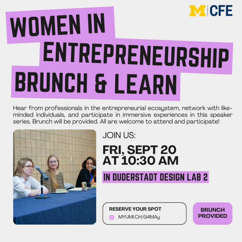 "Women in Entrepreneurship: Snack & Learn" event flyer with image of three women sitting at a table