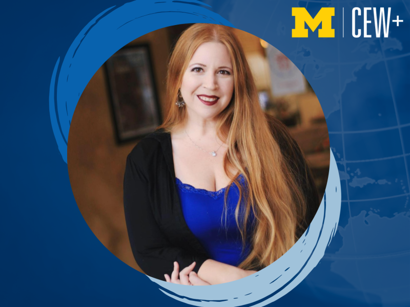 A blue graphic featuring a woman with long red hair, in a circular frame. The University of Michigan's logo and "CEW+" are in the top right corner. 