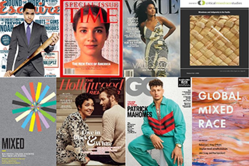 Eight book and magazine covers, including Esquire, Time, and Vogue, with images and stories about being mixed race.