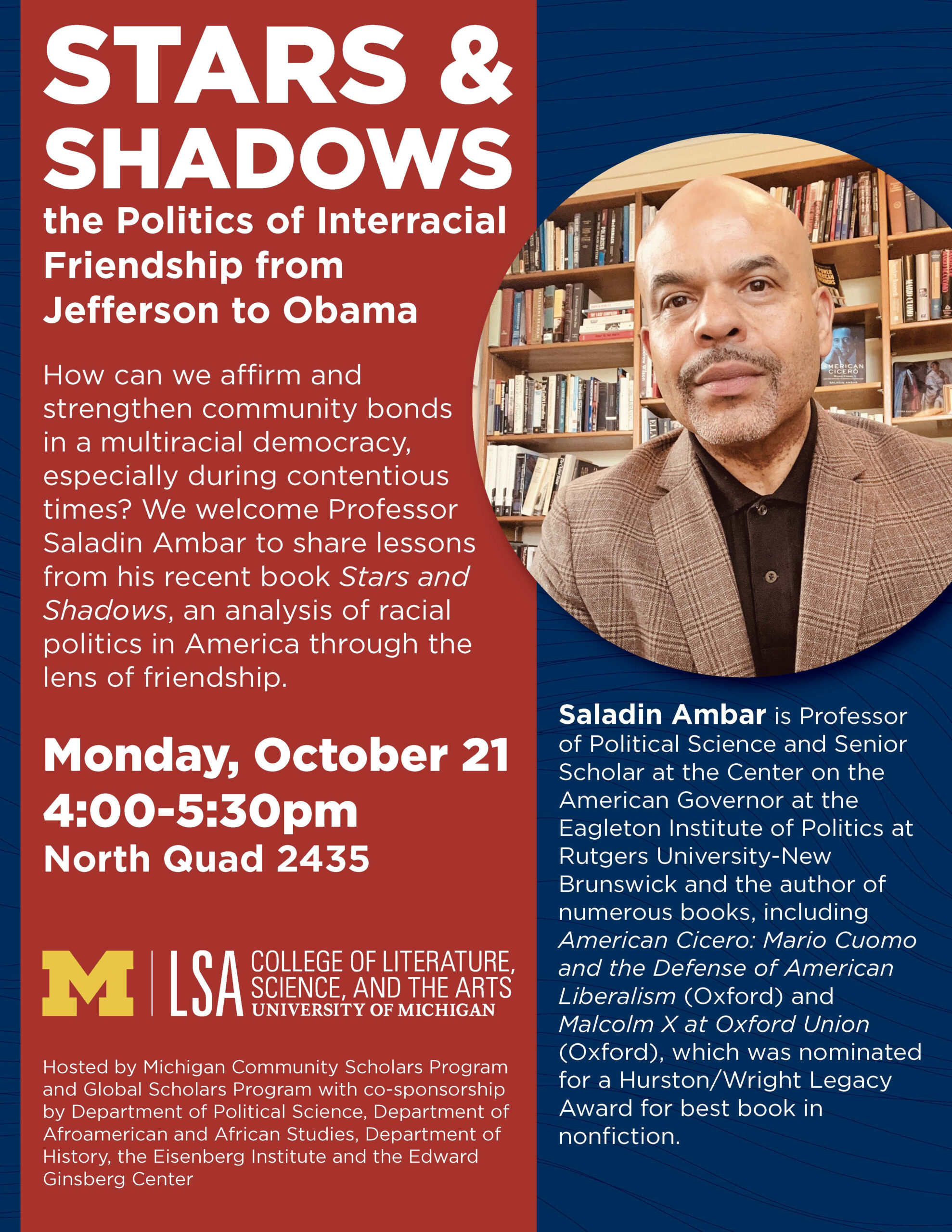 "Stars & Shadows: The Politics of Interracial Friendship from Jefferson to Obama" event flyer with image of Saladin Ambar