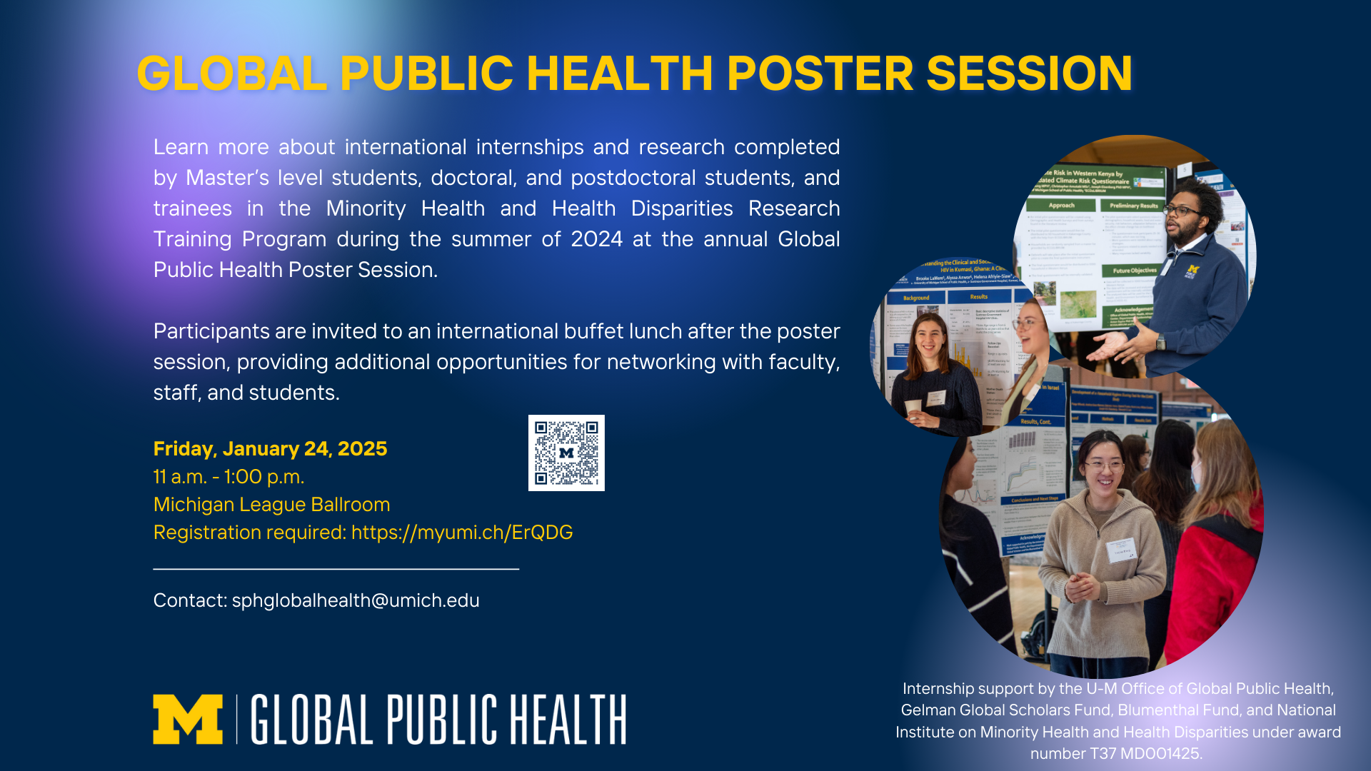 Global Public Health Poster Session Showcase event flyer and information with images of diverse individuals presenting informational posters