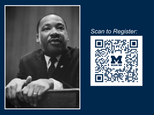 A headshot of Rev. Dr. MLK Jr., and a QR code to register for the event. 