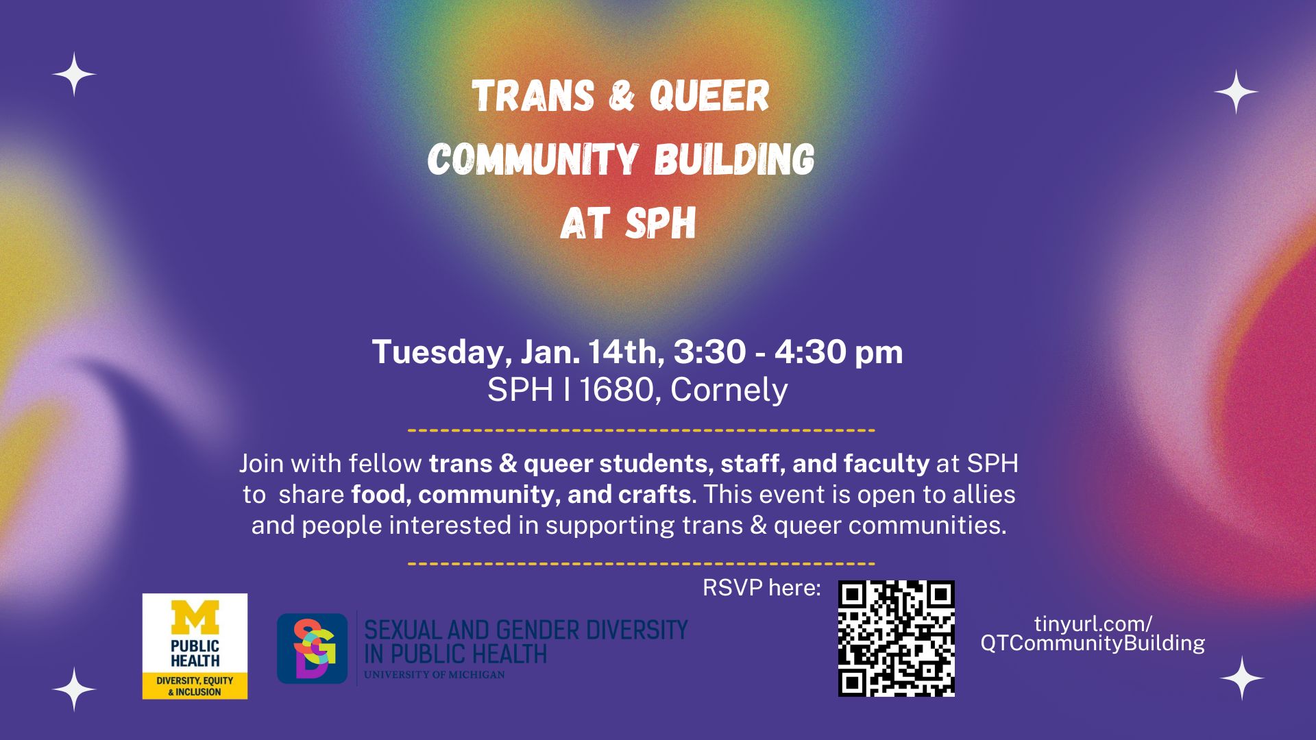 Trans & Queer at SPH Community Building Event flyer with event information