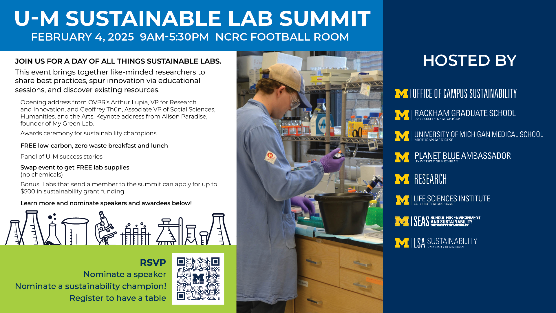 Sustainable Lab Summit event flyer and information with a photo of a person working in a lab