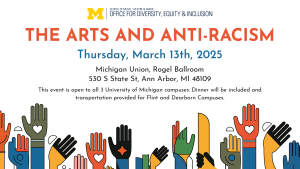 The Arts and Anti-Racism Event details with a graphic of a variety of hands in different colors