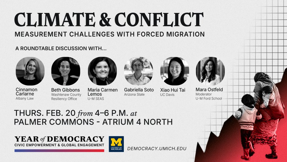 Event flyer for 'Climate & Conflict: Measurement Challenges with Forced Migration,' a roundtable discussion featuring experts from various institutions, including Albany Law, Arizona State, UC Davis, U-M SEAS, and Washtenaw County Resiliency Office. Moderated by Mara Ostfeld from U-M Ford School, the event takes place on Thursday, February 20, from 4-6 PM at Palmer Commons, Atrium 4 North. Hosted as part of the 'Year of Democracy' initiative at the University of Michigan.