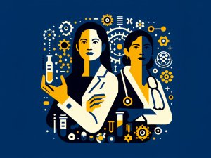 A graphic illustration of a female scientist holding a test tube and a female doctor with a stethoscope in U-M brand colors. In the background are various scientific graphics.