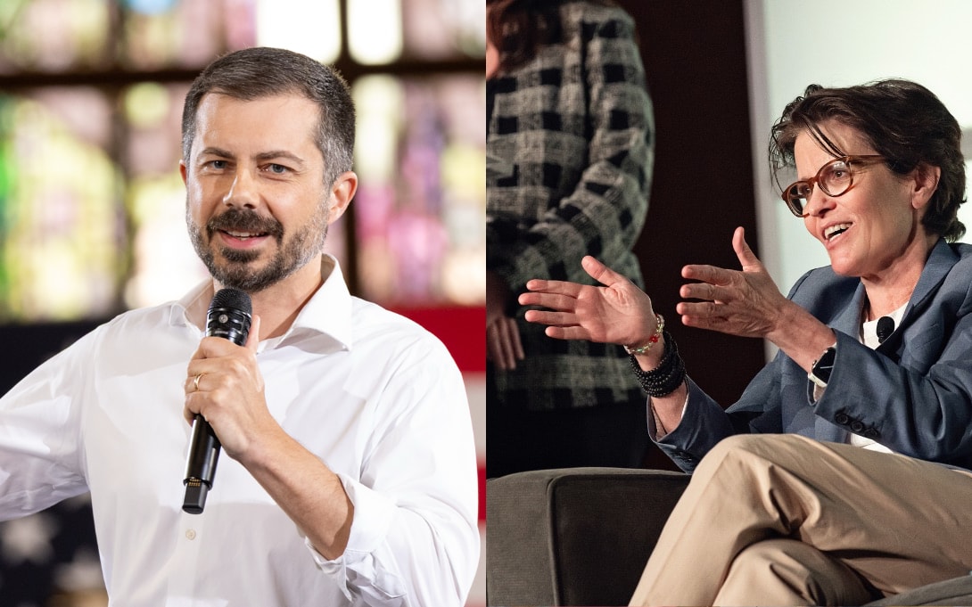 Photo of Pete Buttigieg on the left and Kara Swisher on the right
