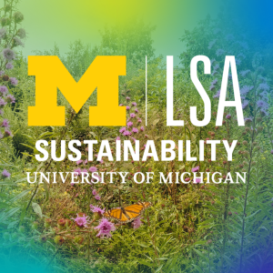 A monarch butterfly sitting in a garden with an LSA Sustainability logo
