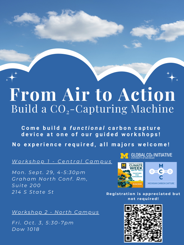 Flyer is blue with cloud formation for "From Air to Action: Build a CO2-Capturing Machine" workshop. Details as posted.