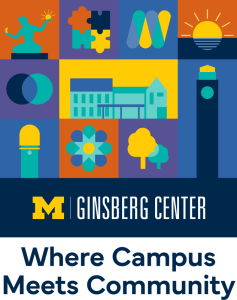 Ginsberg Center Branding with words Where Campus Meets Community in navy letters below