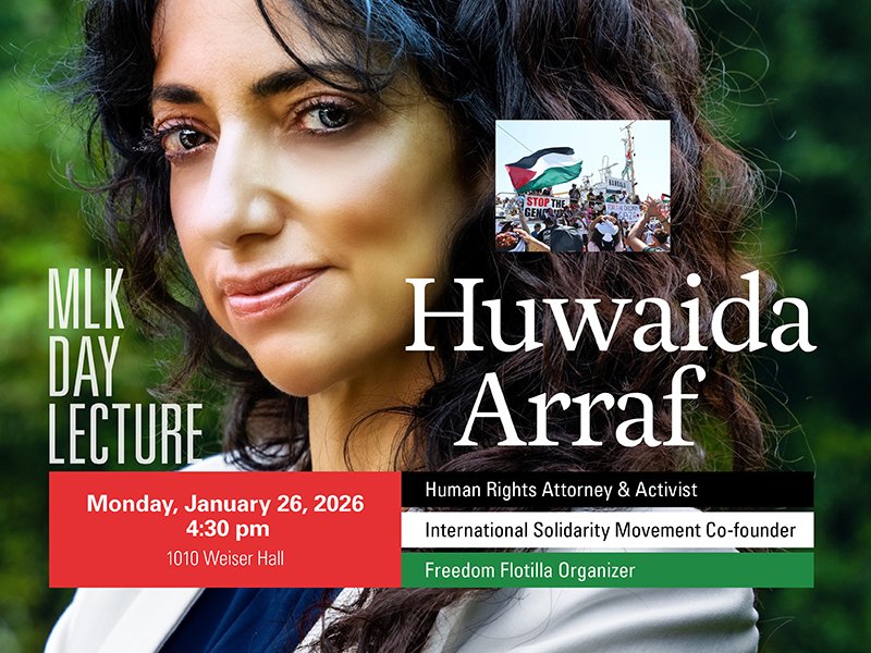 CMENAS MLK Dau Lecture banner featuring speaker Huwaida Arraf