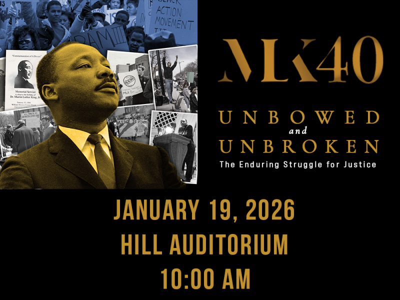Collage of MLK looking upward with photos of student activists from the past protesting and marching. MLK 40 logo to the right.