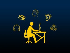 A person at a computer desk surrounded by icons for headphones, low vision, brain, hearing aid, fidget tool.