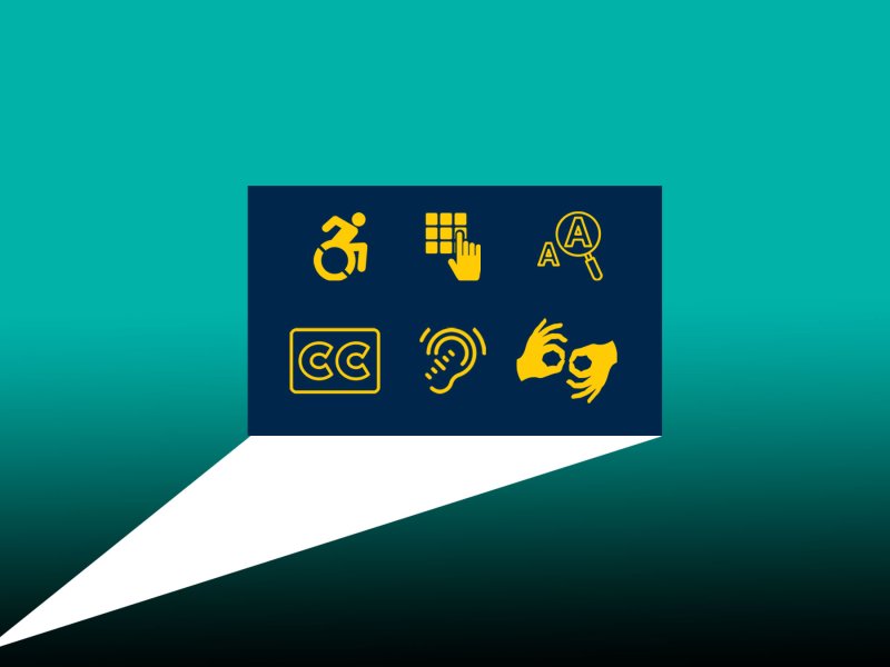 Accessibility icons for wheelchair, zoom, closed captioning, and sign language projected on a screen