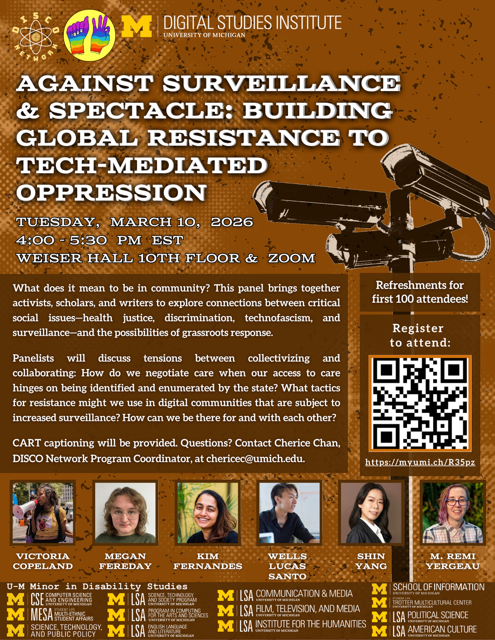 Against Surveillance & Spectacle' featuring a panel of six speakers discussing digital privacy, resistance, and community, set against a stylized background with a surveillance camera icon.