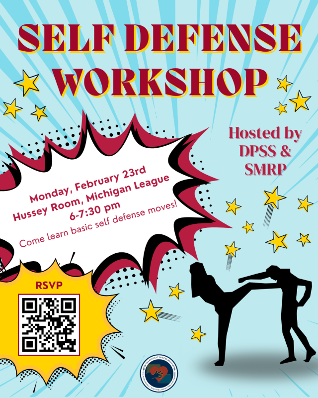 Flyer stating the event information with a shadow image of 2 people practicing self defense moves