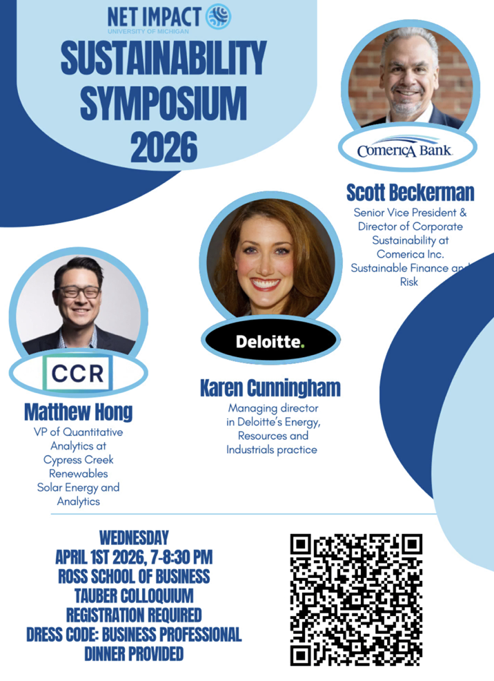 A promotional flyer for the "Net Impact University of Michigan Sustainability Symposium 2026."