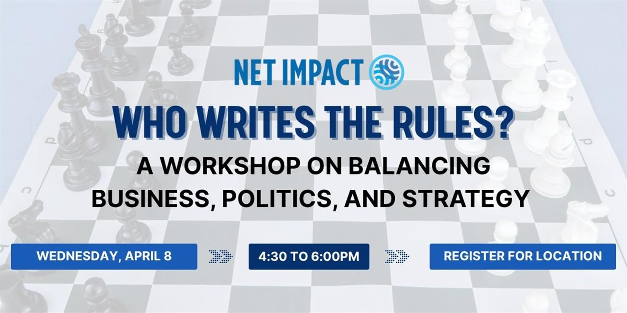 Promotional flyer for Net Impact Who Writes the Rules
