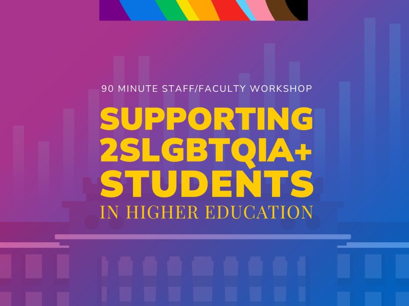 Academic building and bar chart illustrations with text: "90 minute staff/faculty workshop. Supporting 2SLBGTQIA+ Students in Higher Education."