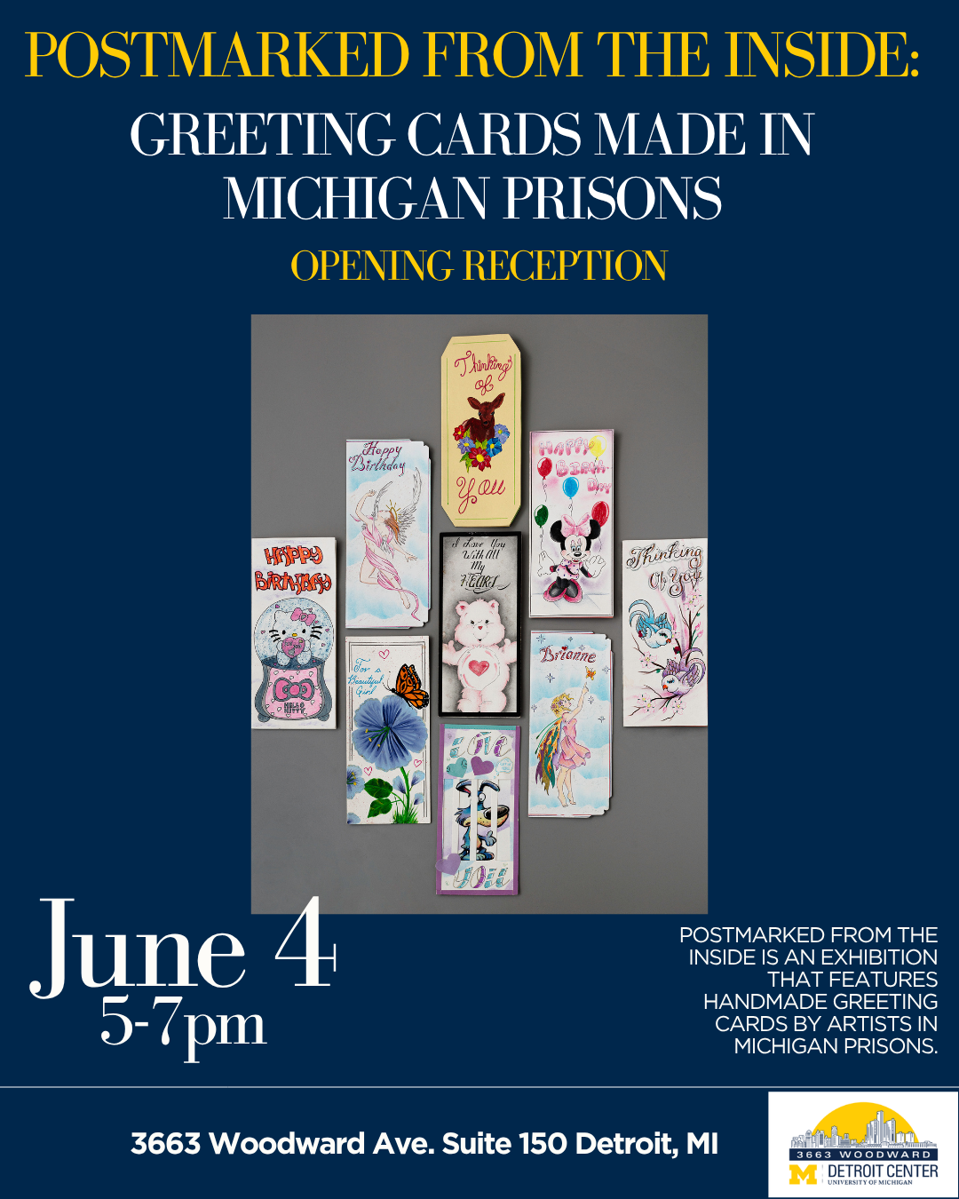 Postmarked from the Inside event information on June 4 from 5-7 pm over a blue background with images of 9 postcards