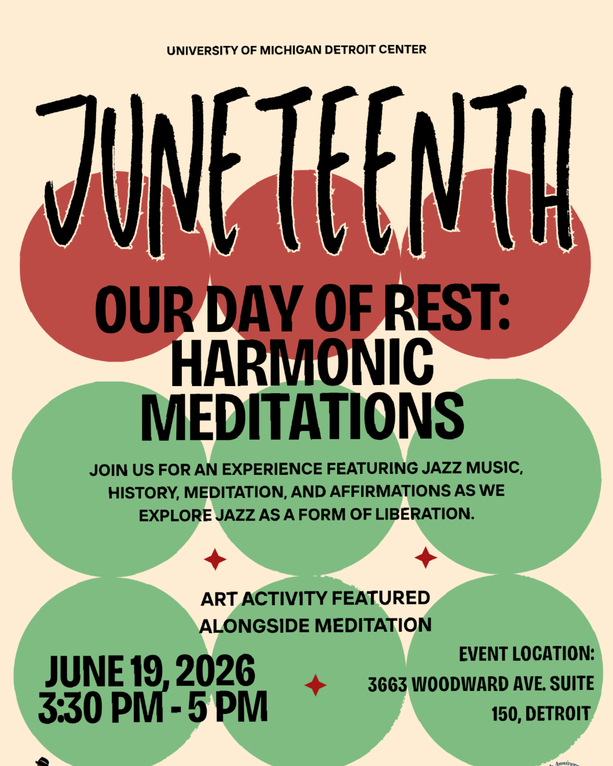 Juneteenth - Our Day of Rest: Harmonic Meditations on June 19, 2026 from 3:30 pm to 5 pm against a red and green background