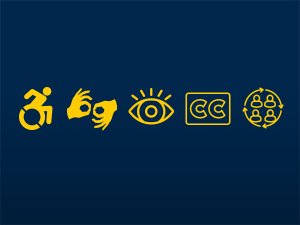 Icons for wheelchair user, ASL, vision, Closed Captioning, and a group. 